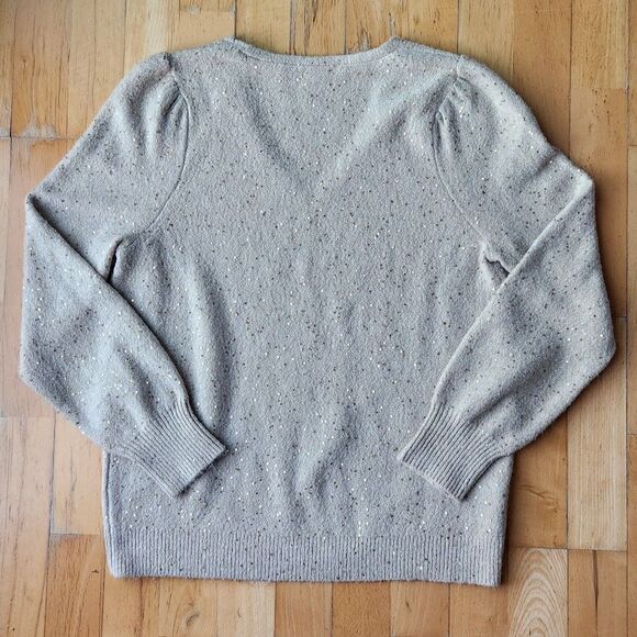LOFT Gold Sparkle V-neck Sweater Cream/ Beige MEDIUM Puff Sleeve, Knit, Sequins - Picture 2 of 6